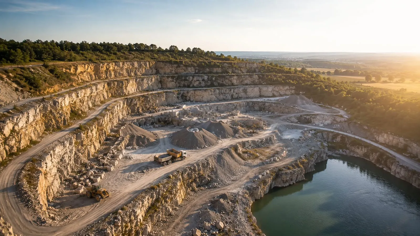 Vue aérienne d'une carrière de calcaire en fin de journée : gradins d'extraction, pistes de roulage, stocks de granulats et tombereau en chargement.