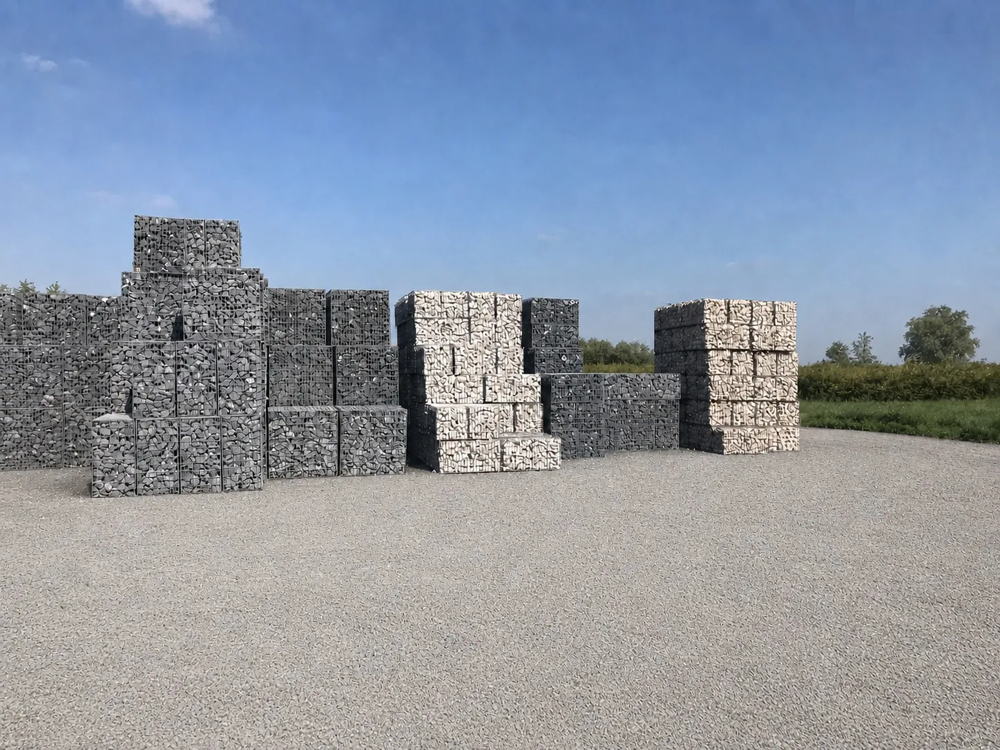 Gabions pré-remplis alignés sur une plateforme de stockage : cages grillagées garnies de pierre concassée grise et de calcaire clair, empilées sous un ciel dégagé.